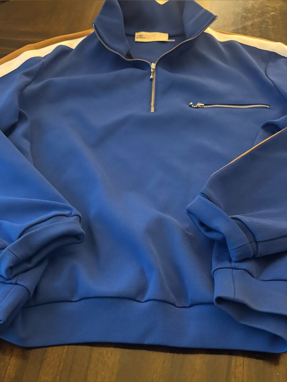 Tory Burch Royal Blue Half-Zip Cowl Sweatshirt with White and Tan Trim
